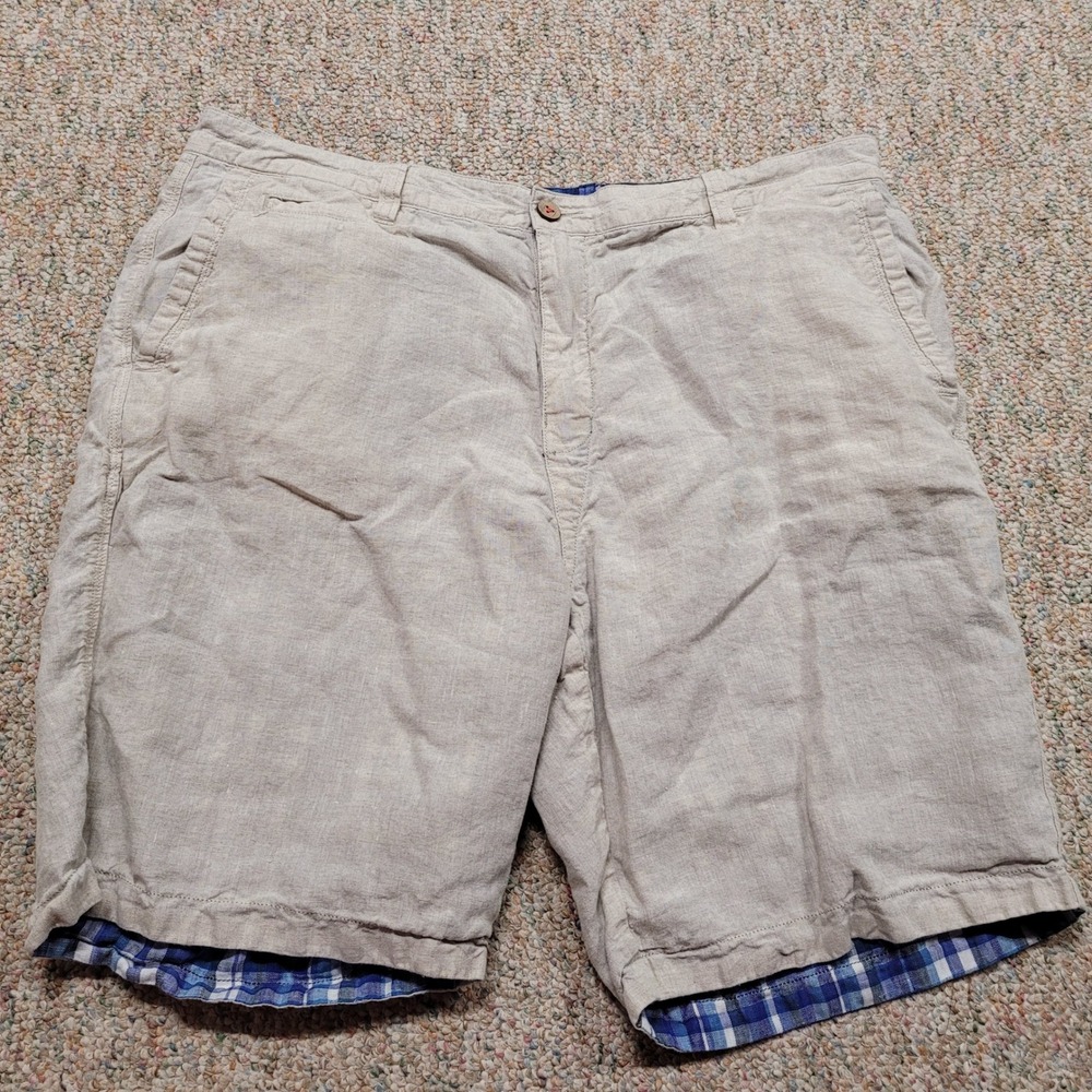 Tommy Bahama Relax Shorts Mens 38 Beige Reversible Plaid Linen Blend Beach